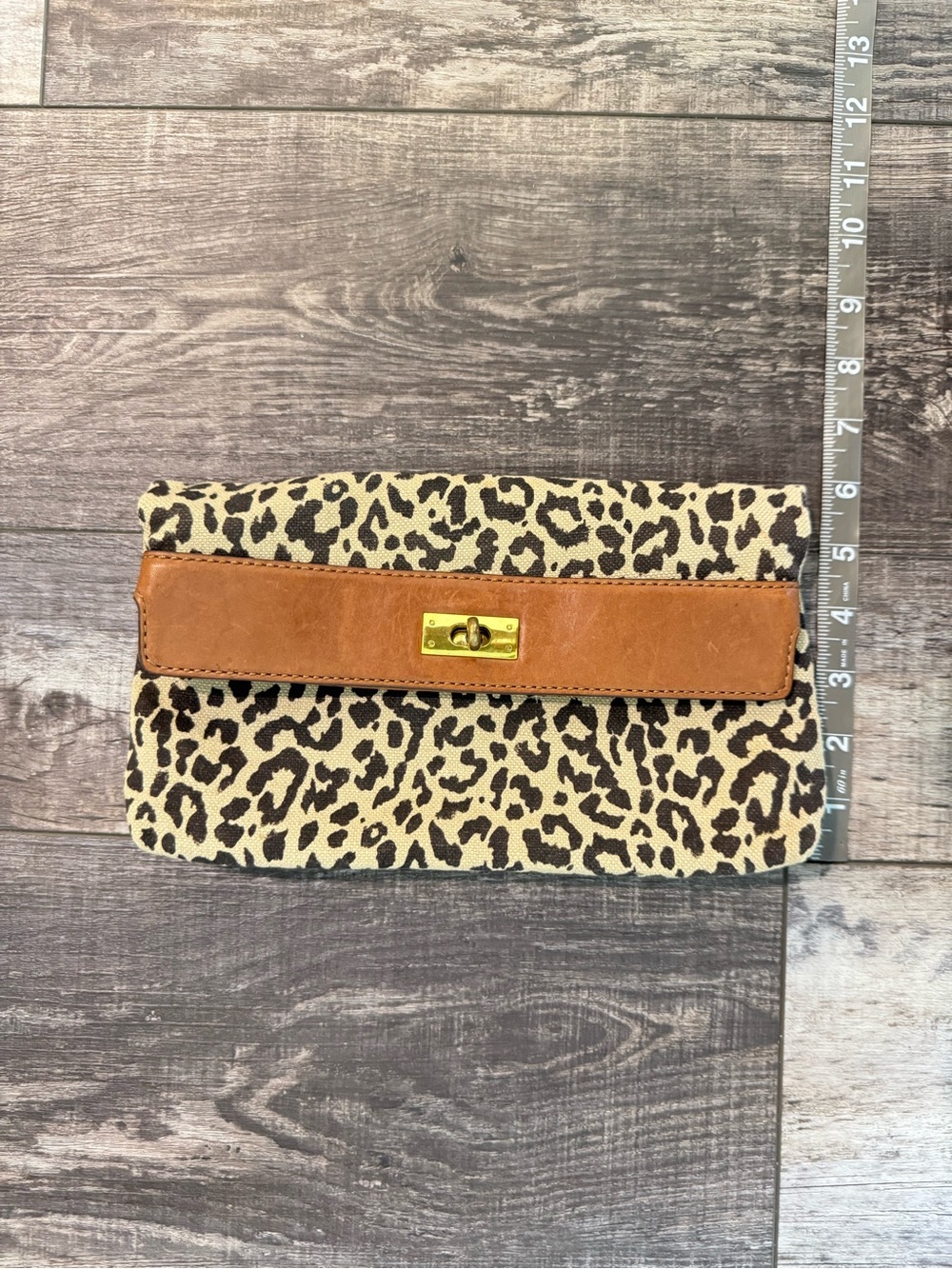 J. Crew Leopard Print Canvas Clutch with Brown Trim and Gold Hardware - Picture 9 of 10